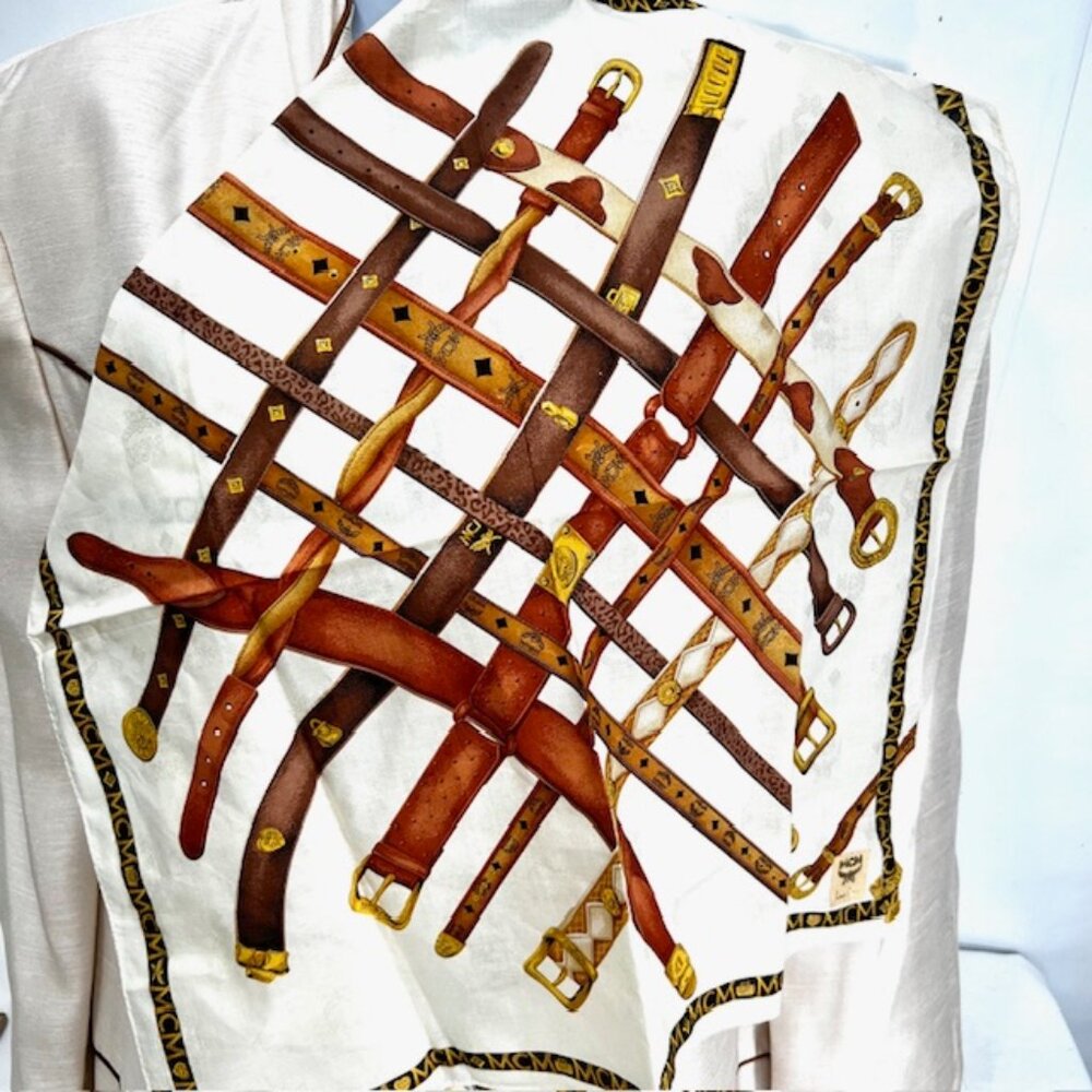 New tag On MCM mini scarf handkerchief cotton 21" Ivery Black Belts Logo  ( 28) - Picture 6 of 8